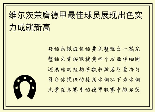 维尔茨荣膺德甲最佳球员展现出色实力成就新高