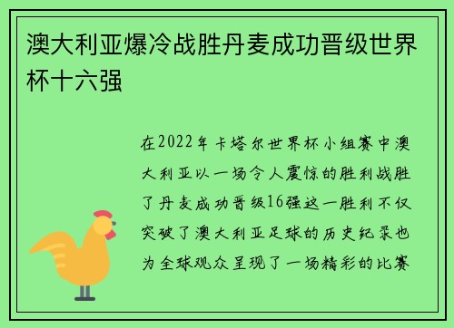 澳大利亚爆冷战胜丹麦成功晋级世界杯十六强